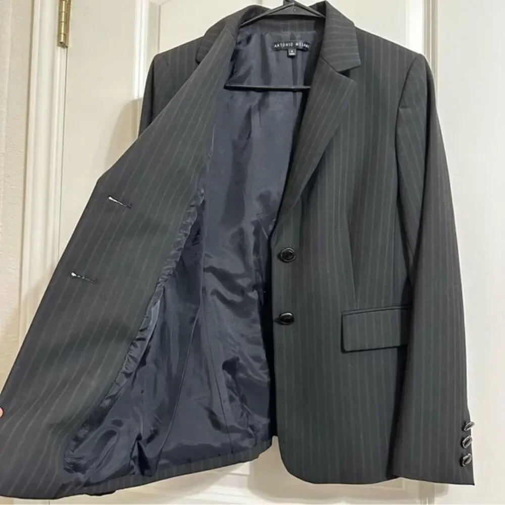 ANTONIO MELANI PINSTRIPE 2 BUTTON‎ LONG BLAZER BLACK CAREERWEAR 6